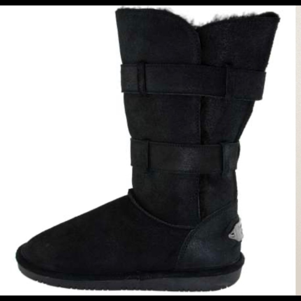 BearPaw Black Sheepskin Suede Leather Lace-Up Mid-Length Tall Shearling Boots - Picture 3 of 13
